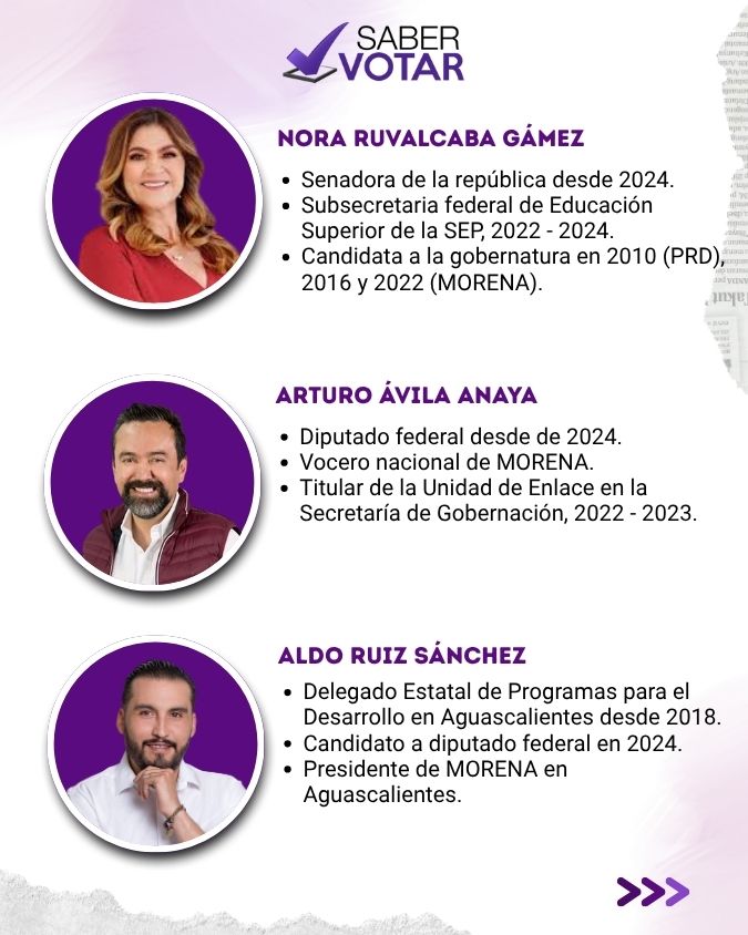 Perfiles de Nora Ruvalcaba, Arturo Ávila Anaya y Aldo Ruiz Sánchez, aspirantes de MORENA a la gubernatura de Aguascalientes 2027.
