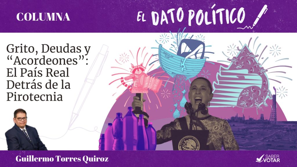 Montaje con Claudia Sheinbaum gritando el Grito de Independencia, billetes, acordeones, botellas y fuegos artificiales, ilustrando las contradicciones entre la fiesta patriótica y la crisis real en México.